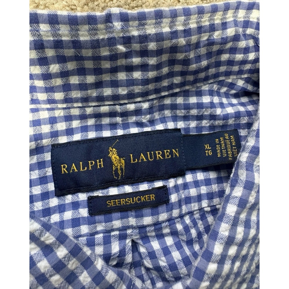 Polo Ralph Lauren Mens XL Seersucker Shirt Shot Sleeve Gingham Check Blue White - Picture 3 of 9